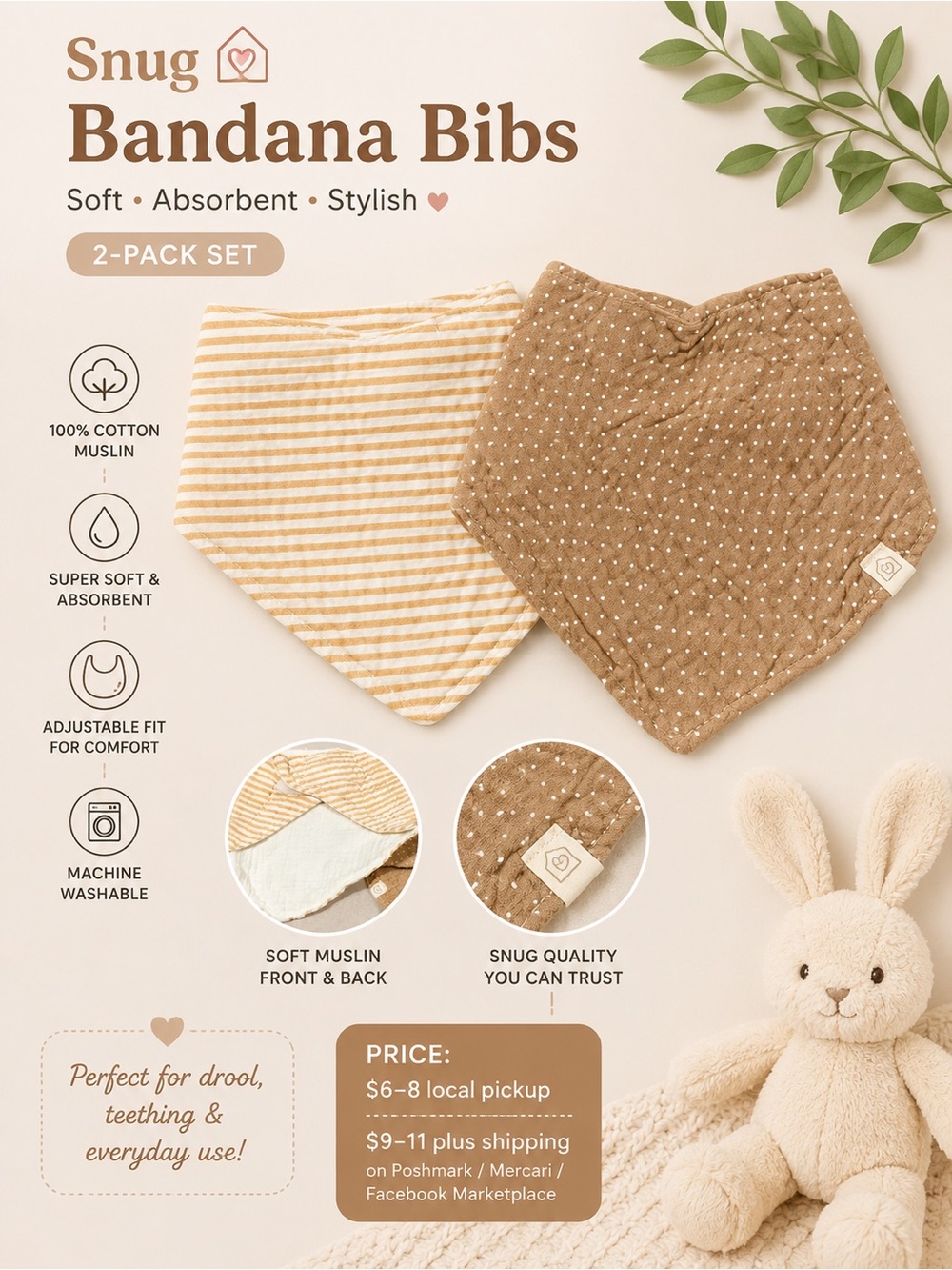 Snug Muslin Bandana Bib Set | 2-Pack Neutral Baby Bibs | Soft Cotton